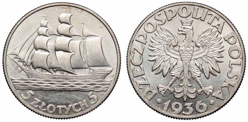 II Rzeczpospolita, 5 złotych 1936 Żaglowiec
 Ładny egzemplarz. Patyna, nalot, r...