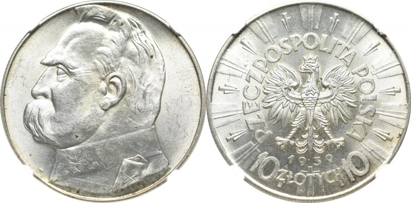 II Rzeczpospolita, 10 złotych 1939 Piłsudski - NGC MS62
 Bardzo atrakcyjny poły...