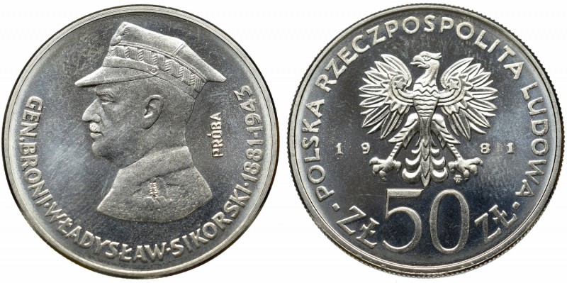 PRL, Próba Nikiel 50 złotych 1981 Gen. Sikorski
 Bardzo atrakcyjny przykład pró...