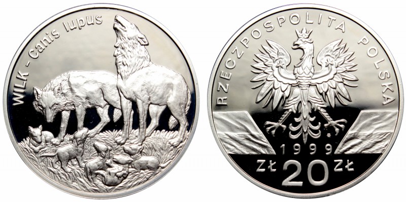 III RP, 20 złotych 1999 Wilk
 Ładny okazowy egzemplarz rzadszej lustrzanki. 
...