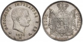 MILANO Napoleone (1805-1814) 5 Lire 1814 Puntali sagomati - Pag. 32a; Mont. 231 AG (g 24,92) Minimi segnetti al D/ e fondi leggermente lucidati
SPL+