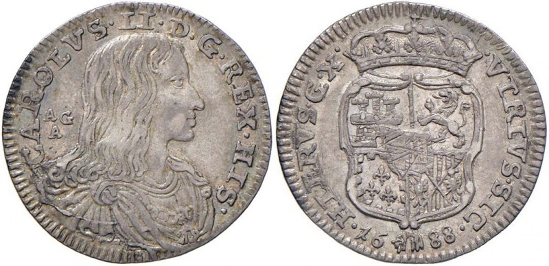 NAPOLI Carlo II (1674-1700) Carlino 1688 - Magliocca 39 AG (g 2,57) Minimi graff...