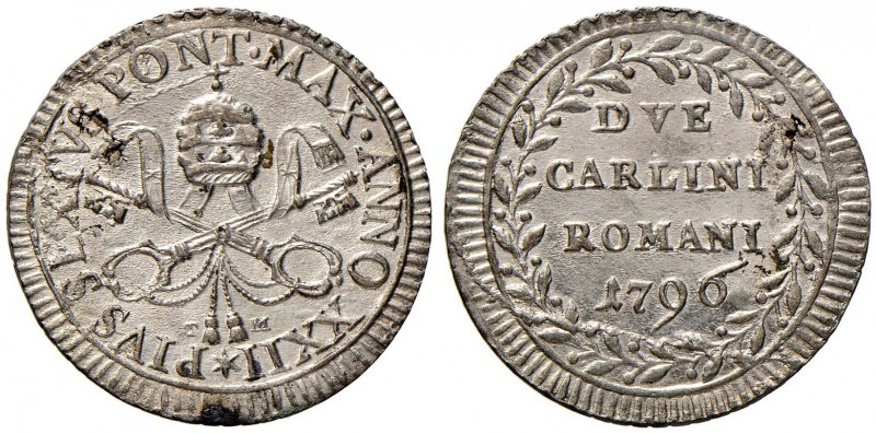 Pio VI (1774-1799) 2 Carlini 1796 A. XXII - Munt. 81 MI (g 4,18) Splendido esemp...