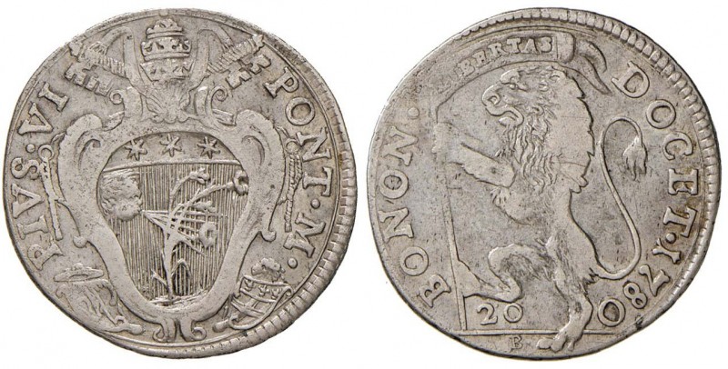 Pio VI (1774-1799) Bologna - Lira da 20 Bolognini 1780 - Munt. 218b AG (g 5,10) ...