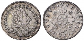 Vittorio Amedeo II (1680-1730) Monetazione per la Sardegna - Reale 1727 - MIR 910 AG (g 2,30) R Piccola tacca al bordo 
BB+