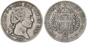 Vittorio Emanuele I (1814-1821) 5 Lire 1821 - Nomisma 520 AG RRR Colpetto al bordo, leggermente lucidato al D/
qBB
