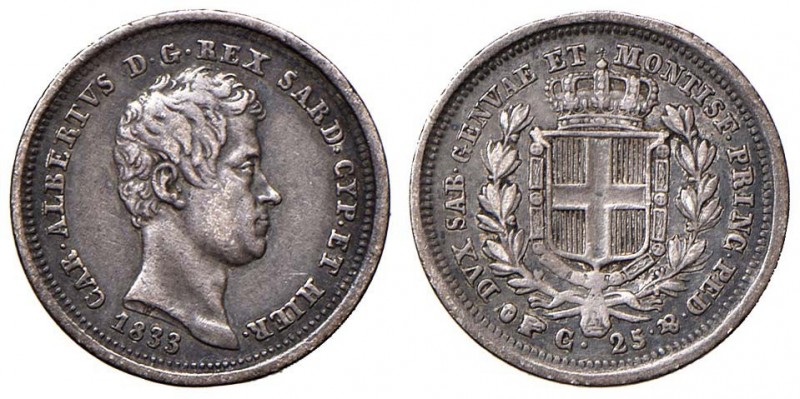 Carlo Alberto (1831-1849) 25 Centesimi 1833 T - Nomisma 737; Pag. 332 AG R
BB