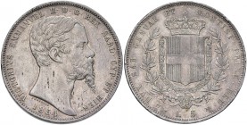 Vittorio Emanuele II (1849-1861) 5 Lire 1854 G - Nomisma 779 AG RR Macchiette e minimi graffietti al D/, piccola abrasione sullo stemma al R/, colpett...