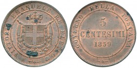 Vittorio Emanuele II re eletto (1859-1861) 5 Centesimi 1859 - Nomisma 837 CU Macchie scure su rame rosso
qFDC