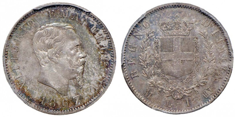 Vittorio Emanuele II (1861-1878) Lira 1867 M - Nomisma 915 AG In slab PCGS MS62....