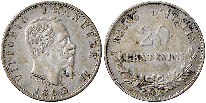 Vittorio Emanuele II (1861-1878) 20 Centesimi 1863 M Valore - Nomisma 933 AG Mac...