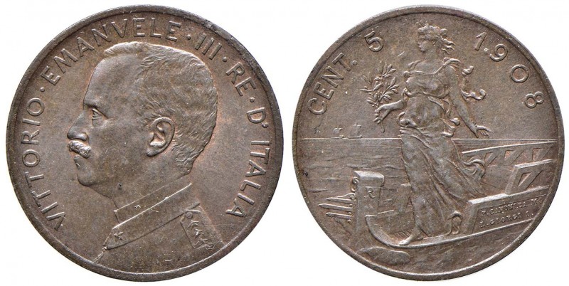 Vittorio Emanuele III (1900-1946) 5 Centesimi 1908 - Nomisma 1340 CU R Sigillato...