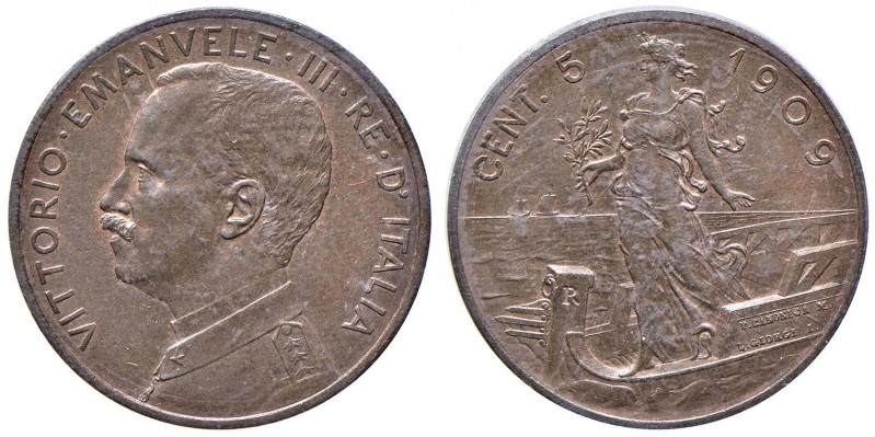 Vittorio Emanuele III (1900-1946) 5 Centesimi 1909 - Nomisma 1341 CU Sigillato F...