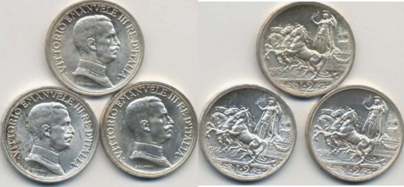 Vittorio Emanuele III (1900-1946) Lotto di tre monete di 2 lire quadriga briosa...