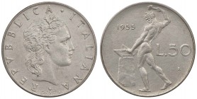 REPUBBLICA ITALIANA 50 Lire 1955 - AC R Sigillato FDC da Angelo Bazzoni. Moneta rarissima in questa conservazione 
FDC