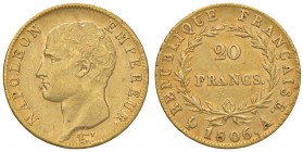 FRANCIA Napoleone (1804-1814) 20 Francs 1806 A - KM 674; Fr. 513; Gad. 1023 AU (g 6,46) Colpetti al bordo
BB