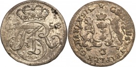Augustus III the Sas 
POLSKA/POLAND/POLEN/SACHSEN/FRIEDRICH AUGUST II

August III Sas. Trojak 1758, Gdansk / Danzig 

Moneta bita w srebrze stosu...