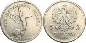 Poland II Republic
POLSKA/ POLAND/ POLEN / POLOGNE / POLSKO

II RP. 5 zlotych 1928 Nike the mint mark 

Ryski w tle, niewielkie zapiłowanie rantu...
