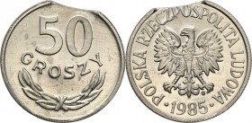Mint Errors of PRL and III RP
POLSKA / POLAND / POLEN / MINT ERROR / DESTRUKT

PRL. 50 Grosz (Groschen) 1985 aluminum, MINT ERRROR 

Odcięty frag...