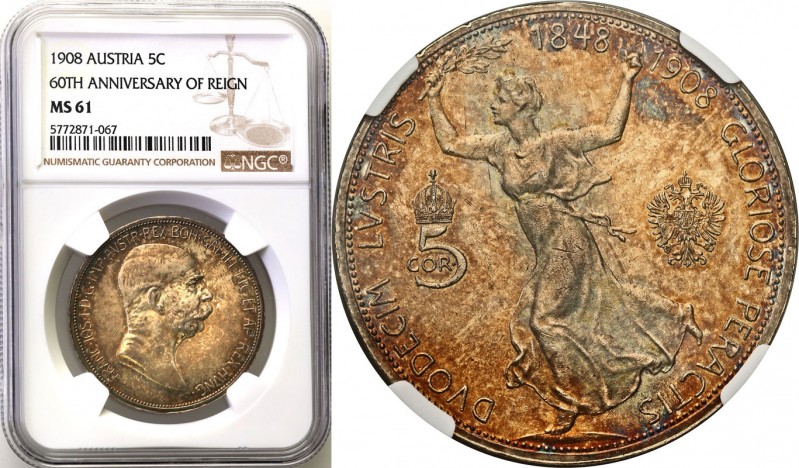 Austria
WORLD COINS

Austria, Franz Joseph I. 5 koron 1908, Wiedeń NGC MS61 ...