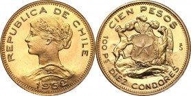 Chile
WORLD COINS

Chile 100 pesos 1962 

Pięknie zachowane.Friedberg 54

Details: 20,34 g Au .900 
Condition: 1/1- (UNC/UNC-)