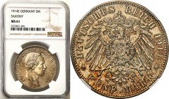 Germany / Prussia
WORLD COINS

Germany, Saxony. 5 mark 1914 E, Muldenhütten NGC MS61 

Piękny, menniczy egzemplarz. Surowa ocena gradingowa.AKS 1...