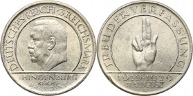 Germany / Prussia
WORLD COINS

Germany. 3 mark 1929 A, Berlin, 

Trzymarkówka wybita na 10 rocznicę uchwalenia konstytucji weimarskiej.Zacięcie n...