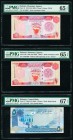 Bahrain Monetary Agency 1 (2); 5 Dinars 1973 (ND 1993); 1973 (ND 1998); 2006 (ND 2008) Pick 13; 19b; 27 Three Examples PMG Gem Uncirculated 65 EPQ (2)...