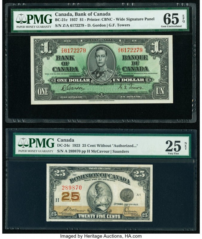 Canada Bank of Canada; Dominion of Canada $1; 25 Cent 2.1.1937; 2.7.1923 Pick 58...