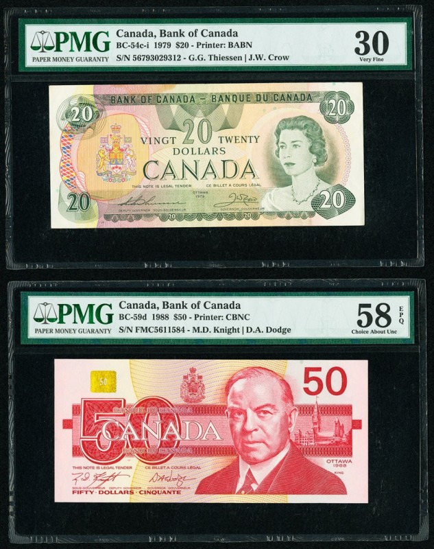 Canada Bank of Canada $20; 50 1979; 1988 BC-54c-i; BC-59d Two Examples PMG Very ...