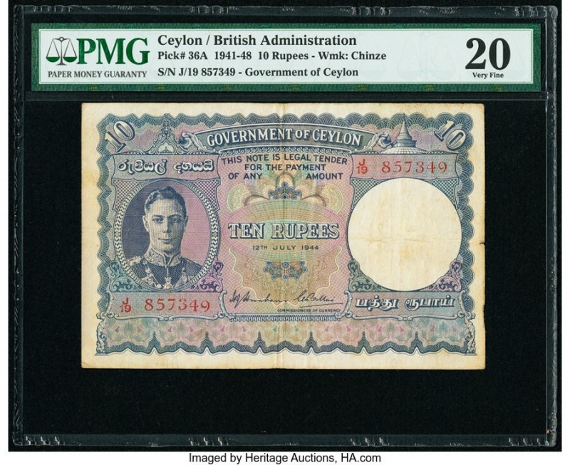 Ceylon Government of Ceylon 10 Rupees 12.7.1944 Pick 36A PMG Very Fine 20. 

HID...