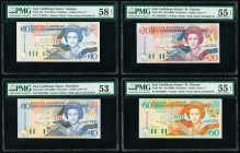 East Caribbean States Central Bank 10 (2); 20; 50 Dollars ND (2000) (3); ND (1994) Pick 38d; 32a; 39v; 40v Four Examples PMG About Uncirculated 53; Ch...