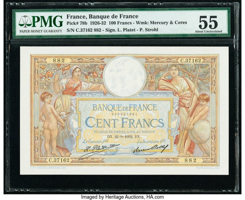 France Banque de France 100 Francs 22.9.1932 Pick 78b PMG About Uncirculated 55....