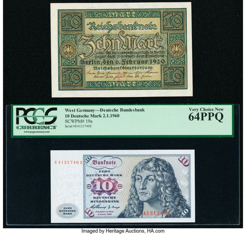 Germany Reichsbanknote 10 Mark 1920 Pick 67a About Uncirculated; 100 Reichsmark ...