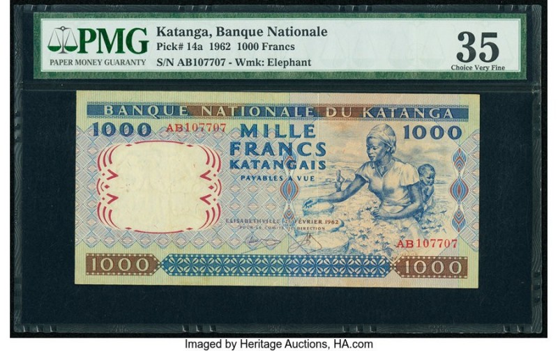 Katanga Banque Nationale du Katanga 1000 Francs 26.2.1962 Pick 14a PMG Choice Ve...
