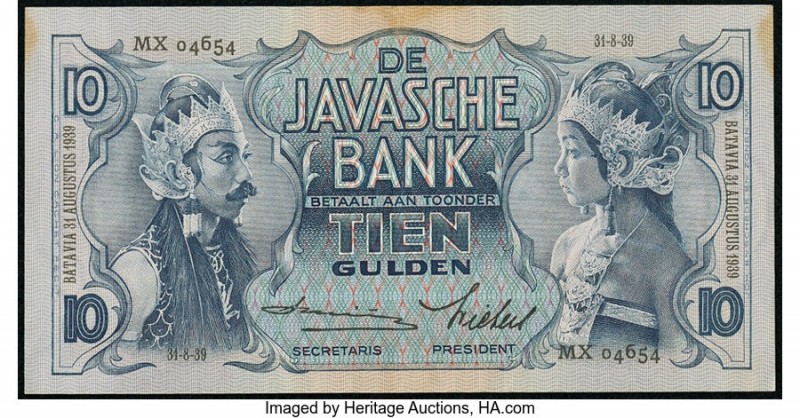 Netherlands Indies De Javasche Bank 10 Gulden 31.8.1939 Pick 79c About Uncircula...