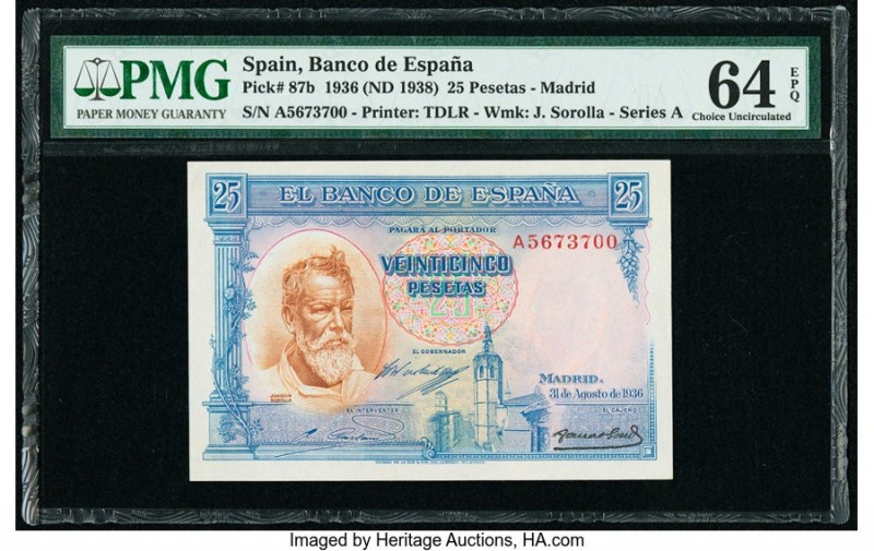 Spain Banco de Espana 25 Pesetas 31.8.1936 Pick 87b PMG Choice Uncirculated 64 E...