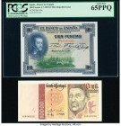 Spain Banco de Espana 100 Pesetas 1925 (ND 1936) Pick 69c PCGS Gem New 65PPQ; Portugal Banco de Portugal 10,000 Escudos 10.7.1997 Pick 191b Crisp Unci...