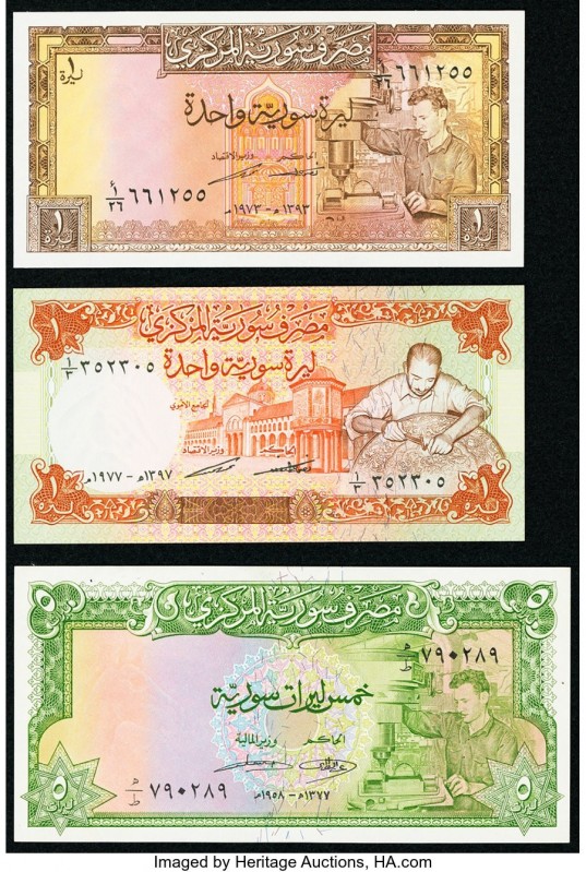 Syria Central Bank of Syria 5 Pounds 1958 Pick 87a; 1 Pound 1973 Pick 93c; 1977 ...