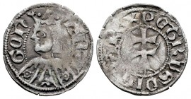 Corona de Aragón. Pedro III (1336-1387). Dinero. Aragón. (Cru-463). Anv.: ARA-GON. Busto coronado a izquierda. Rev.: PETRUS DEI GRA REX. Cruz patriarc...