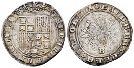 Fernando e Isabel (1474-1504). 1 real. Burgos. (Cal 2008-no cita). Ag. 3,29 g. Leyenda del reverso termina en X. Marca de ceca B con un roel a derecha...