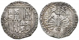 Fernando e Isabel (1474-1504). 2 reales. Sevilla. (Cal 2008-265). (Cal 2019-523). Anv.: La leyenda termina en ET ELIS. Rev.:  Ensayador d cuadrada. Ag...