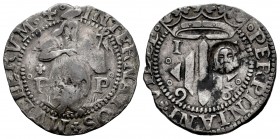 Felipe II (1556-1598). Doble sueldo. 1598. Perpignan. (Cal 2008-839). (Cal 2019-6). Ag. 2,90 g. Resello Cabeza de San Juan. MBC. Est...35,00. English:...