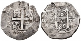 Carlos II (1665-1700). 8 reales. 1686. Lima. R. (Cal 2008-229). (Cal 2019-591). Ag. 27,00 g. Doble fecha. MBC. Est...200,00. English: Charles II (1665...