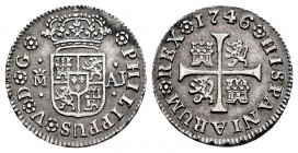 Felipe V (1700-1746). 1/2 real. 1746. Madrid. AJ. (Cal 2008-1802). (Cal 2019-188). Ag. 1,44 g. MBC+. Est...50,00. English: Philip V (1700-1746). 1/2 r...