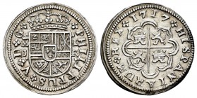 Felipe V (1700-1746). 1 real. 1717. Madrid. J. (Cal 2008-1529). (Cal 2019-434). Ag. 2,52 g. Escasa. MBC+. Est...80,00. English: Philip V (1700-1746). ...