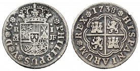 Felipe V (1700-1746). 1 real. 1738. Madrid. JF. (Cal 2008-1546). (Cal 2019-454). Ag. 2,77 g. BC+. Est...25,00. English: Philip V (1700-1746). 1 real. ...