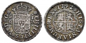 Felipe V (1700-1746). 1 real. 1742. Madrid. JA. (Cal 2008-1551). Ag. 2,93 g. Raya en anverso y hojita en reverso. Tono. MBC. Est...40,00. English: Phi...