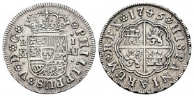 Felipe V (1700-1746). 1 real. 1745. Madrid. AJ. (Cal 2008-1555). (Cal 2019-463). Ag. 2,92 g. Escasa. MBC+. Est...75,00. English: Philip V (1700-1746)....