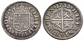 Felipe V (1700-1746). 1 real. 1733. Sevilla. PA. (Cal 2008-1720). (Cal 2019-655). Ag. 2,87 g. Tono. MBC+. Est...60,00. English: Philip V (1700-1746). ...